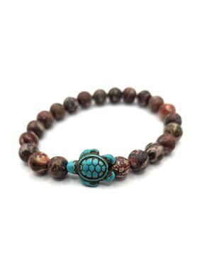 Natural Jasper Beaded Bracelet With Blue Turtle Charm